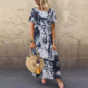 Summer Women Cotton Linen Maxi Dress Crew Neck Sundress Printed Dress Plus Sized - Picture 1 of 12