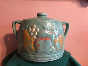 VINTAGE CROCK STONEWARE FRUIT DESIGN BEAN POT COOKIE JAR & LID - Picture 1 of 18