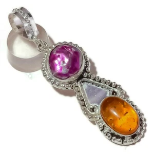 Awesome Poland Honey Amber, Biwa Pearl Gemstone Silver Overlay Handmade Pendant - Picture 1 of 3
