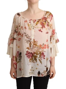 DV ROMA Top Blouse Beige Floral Cotton Bell Sleeves Round Neck IT44/US10/L $300 - Picture 1 of 8
