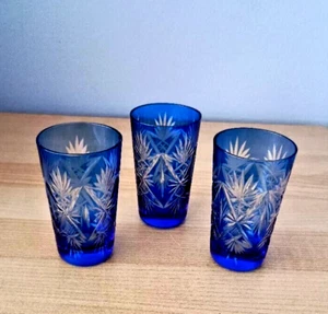 Vintage CZECH Bohemian Cobalt Blue Cut to Clear Crystal Glasses 3 1/4" Set of 3 - Picture 1 of 7