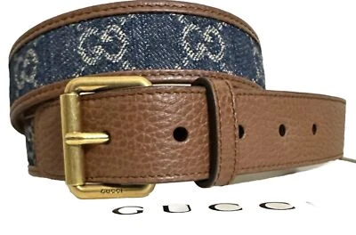 Gucci GG denim Monogram brown leather squire buckle belt - 80-30 New Whit Tags - Image 1 of 4