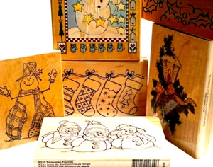 6 Holiday Rubber Stamps Holly Snowman Lantern Stocking Wood Block See Photos - Picture 1 of 24