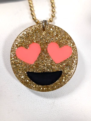 J Crew Crew Cuts Happy Face Neoon Orange Heart Eyes Gold Tone Glitter Necklace - Image 1 of 4