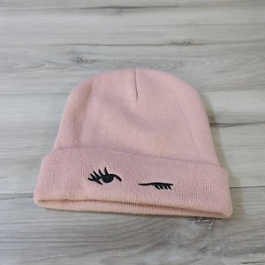 Unbranded Beanie Hat Womens OSFM Pink Embroidered Winking Eye Full Lash Winter - Picture 1 of 11
