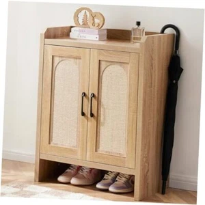 Shoe Cabinet Storage for Entryway, Natural Rattan Shoe Storage Cabinet, Wooden  - Picture 1 of 7