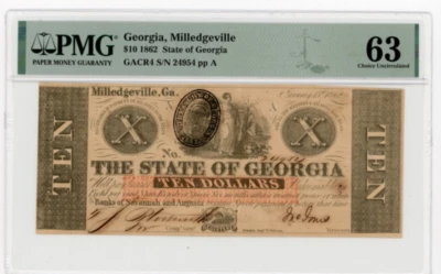 1862.   $10.    Milledgeville, The State of Georgia. PMG 63. - Image 1 of 3
