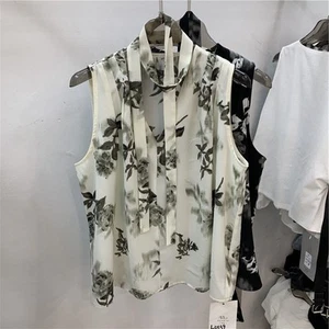 Sommer Chiffon Top V-Ausschnitt Blumenmuster Tank Top Ärmellose Bluse mit Gürtel - Bild 1 von 13