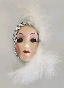 VINTAGE PORCELAIN MARDI GRAS MASK FANCY FACES SIGNED Pretty Face W Feathers - Picture 1 of 8
