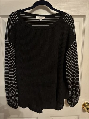 Umgee Thermal Striped Black Shirt Top XL Long Ribbed Sleeves Relaxed Slouchy - Image 1 of 4