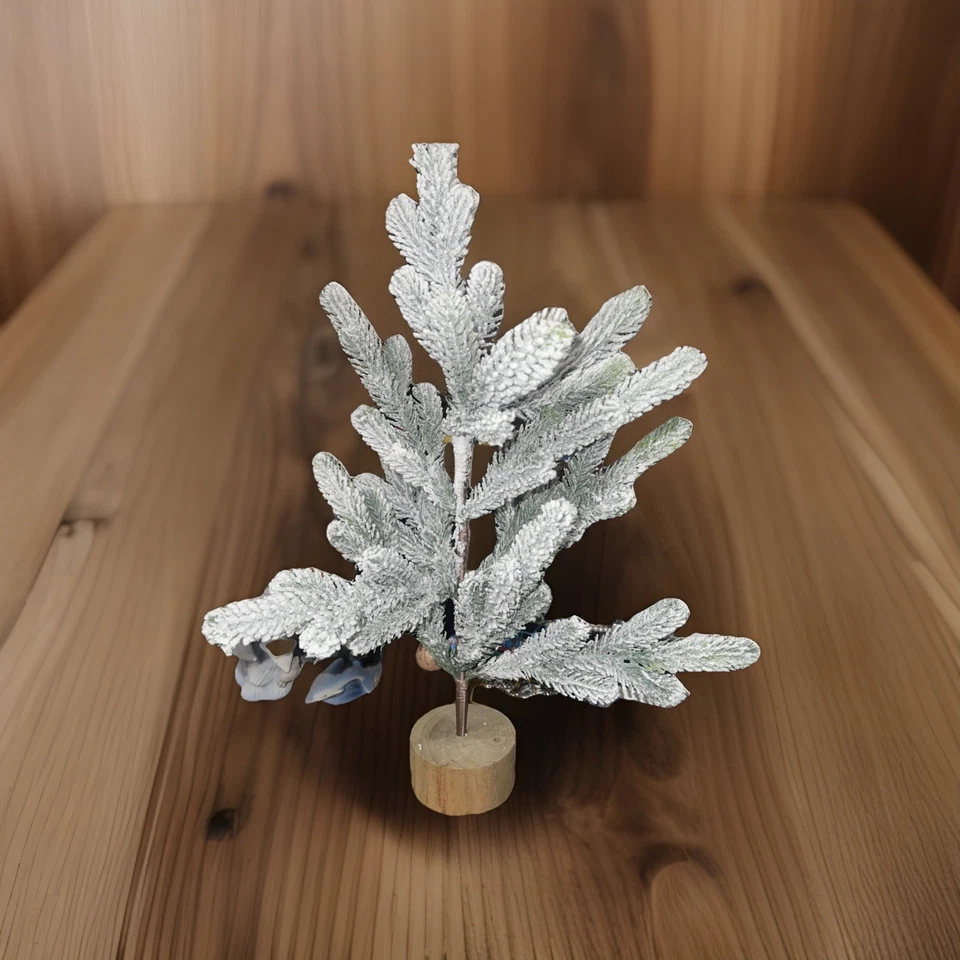 Mini Flocked Fir Snow Covered Xmas Tree,  Wood Base, 17.5” Tall, Bendable Limbs - Image 1 of 4
