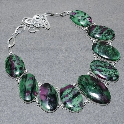 Collar Joyería Étnica Moda Hecho a Mano Gemas Forma Ovalada Rubí Zoisita 18" Foto 1 de 4