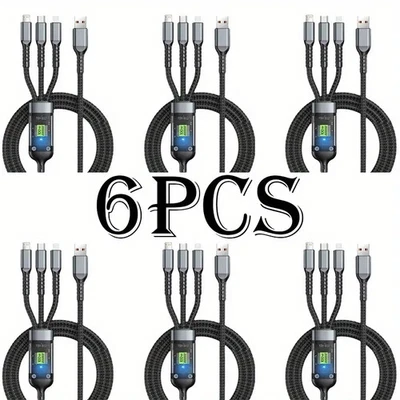 Pack of 6 100W 3 in 1 Fast Charging Cable USB C Micro USB Type A Braided Cord - Image 1 of 4