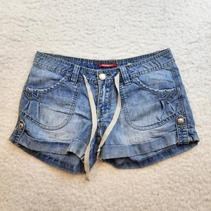 Vintage Unionbay Low Rise Y2K Shorts Sz 7 Blue Denim Jean Flap Pockets Stretch - Picture 1 of 7