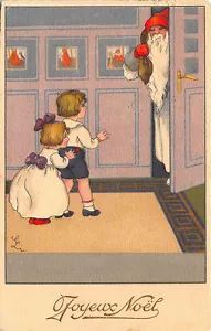 Christmas Santa Claus White Robed Signed Children Doorway Postcard - Picture 1 of 2
