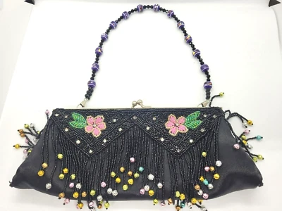Vintage inspired Black Beaded Evening Bag Clutch Purse Floral Dangle Bead Fringe - Image 1 of 4