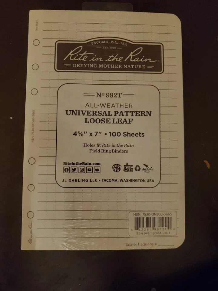 NEW Rite In The Rain All-Weather Universal Loose Leaf Paper 4 5/8"x7" 982T  32# - Image 1 of 1