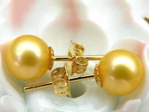 Genuine 7-8mm AAA++ Round Golden Yellow South Sea Pearl Earring 14k gold - Picture 1 of 3