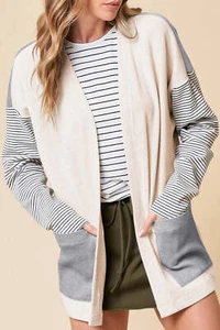 Black Stripe Colorblock Patchwork Open Front Cardigan with Pocket - Picture 1 of 8