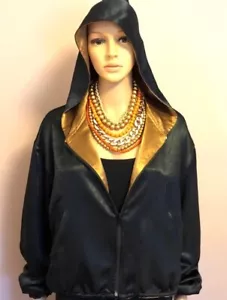 Free People Reversible Black Gold Silky Satin Front Zipper Hoodie Jacket Sz M - Picture 1 of 6