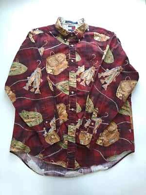 🇺🇲 Camisa masculina vintage Tommy Hilfiger L 16,5x33 algodão com botões xadrez vermelha - Imagem 1 de 4