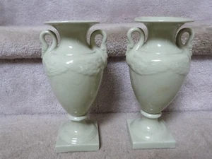 VINTAGE PAIR Art Deco Light Green Ceramic Empire Vase Urns w/ Swan Handles 8.25" - Picture 1 of 15