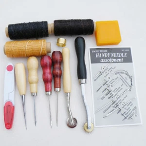 13 Stck. Leder Handwerk Handnähen Nähwerkzeuge Faden Ahle gewachster Fingerhut Kit Neu - Bild 1 von 5
