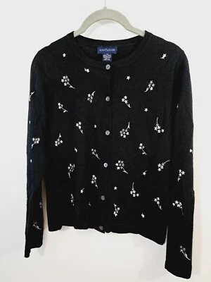 Ann Taylor Women's Black Embroidered Floral Merino Wool Cardigan Sweater Size XS - Image 1 of 4