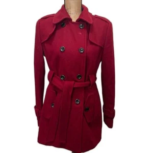 Calvin Klein Double Breasted Pea Coat Red Belted Wool Twee Winter Size Medium - Picture 1 of 5