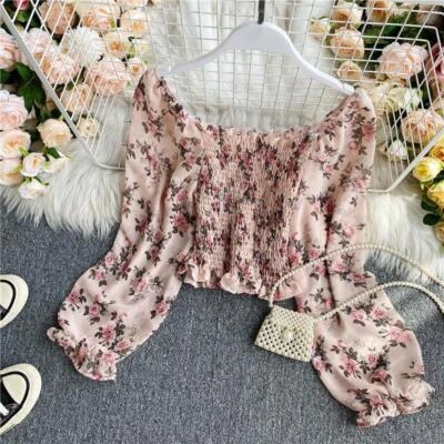 Lady Chiffon Off-shoulder Shirt Floral Print Top Pleat Frill Ruffle Shirt Blouse - Image 1 of 4