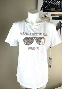 New Karl Lagerfeld Cotton sunglasses T Shirt Top sequin white size M - Picture 1 of 8