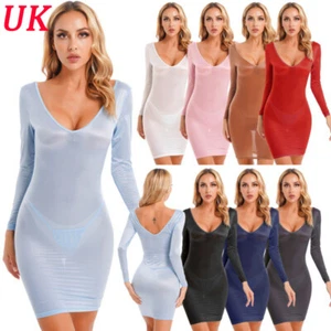 UK Womens Oil Glossy Sheer Dress Tight Pencil Dress w/G-string Bodycon Dress - Picture 1 of 71
