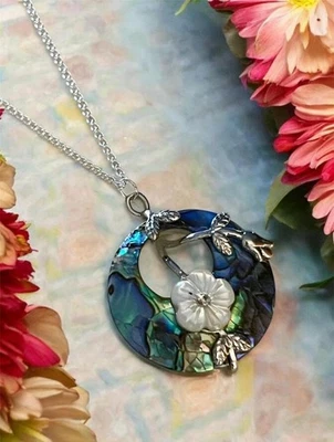 New Abalone & Mother Of Pearl Cherry Blossom Pendant On Silver Chain Necklace - Image 1 of 4