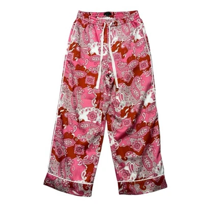 J Crew 女式裤子 4 粉色佩斯利缎面宽腿吉普赛艺术独特折衷 — 第 1/4 张图片