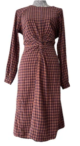 Vestido Occidental Natura Algodón Guinga Marrón Azul Corbata Cintura Manga Larga Talla L - Imagen 1 de 12