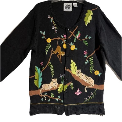 ~Size Large~ Storybook Knits Women’s Cardigan Sweater Monkey Cheetah Bird Beaded - Image 1 of 4