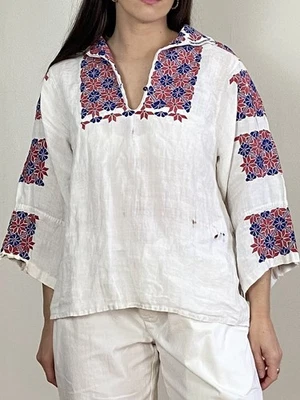 Blusa vintage de gasa de algodón punto de cruz de los años 70 camisa hippie roja blanca y azul Foto 1 de 4