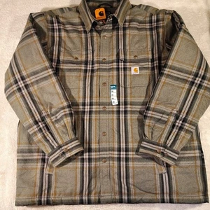 Carhartt Hubbard Jacket Mens 2XL Sherpa Lined Flannel Shacket Green Gray Plaid - Picture 1 of 13