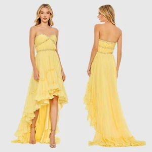 Mac Duggal zitronengelb trägerlos verziert hoch niedrig Rüschen Kleid Gr. 6 #68096 - Bild 1 von 5