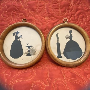 2 Vintage Silhouette Reverse Painted Glass Real Wood Frames Painted Ladies - Picture 1 of 7