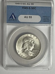 1949-S Franklin Silber Half Dollar ANACS AU 55 Blue Label Blast White kostenloser Versand - Bild 1 von 6