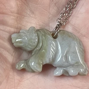 Carved Stone Bear Pendant Necklace Light Blue Gray 17" Silver Tone Chain - Picture 1 of 7
