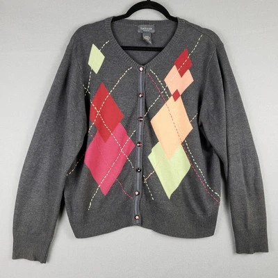 Cardigã Van Heusen Feminino XL Argyle Estampa de Diamante Suéter Cinza Academia Twee - Imagem 1 de 4