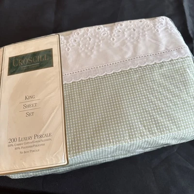 Croscill Coventry Green Check Eyelet King Sheet set NEW Vintage Stock - Image 1 of 4
