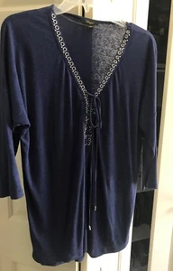 CUPIO Peasant Blouse Shirt Boho Top Long Sl Studded Long Sl Sz L Navy Blue - Picture 1 of 6