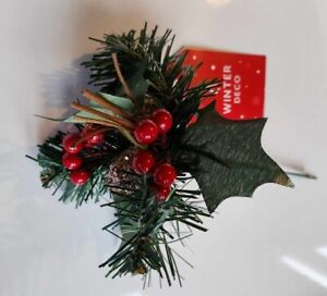 16cm Christmas Pick Spray with Red Berries, Pine Cone, Twigs Holly and Spruce.