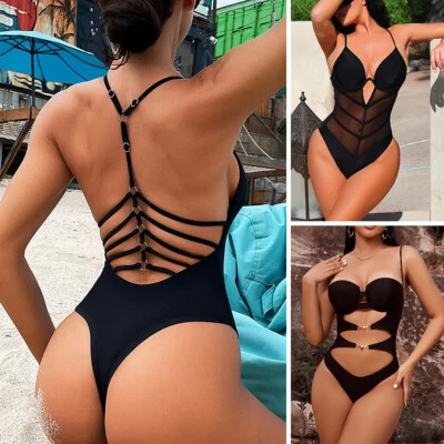 Sexy String One Piece Swimsuit Women Cut Out Monokini Mesh Bathing Suit Swimwear - Image 1 of 4
