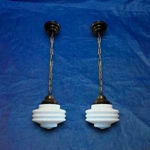Pair Brass Pendant Lights Rare Art Deco Shades Rewired 32G - Picture 1 of 7