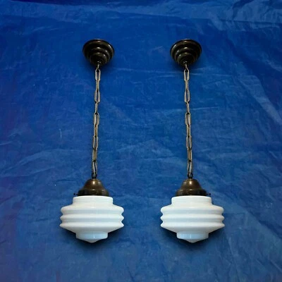Pair Brass Pendant Lights Rare Art Deco Shades Rewired 32G - Image 1 of 4