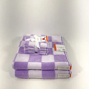 Caro Home 6Pc Towels 2 Bath 4 Washcloth Purple + White New - Picture 1 of 8